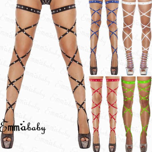 Sexy Women Lingerie Bandage Fishnet Stockings Thigh-High Crystal Studded Thigh High Leg Rave Wraps Strappy Rhinestone Tights-Green-One Size-All10dollars.com