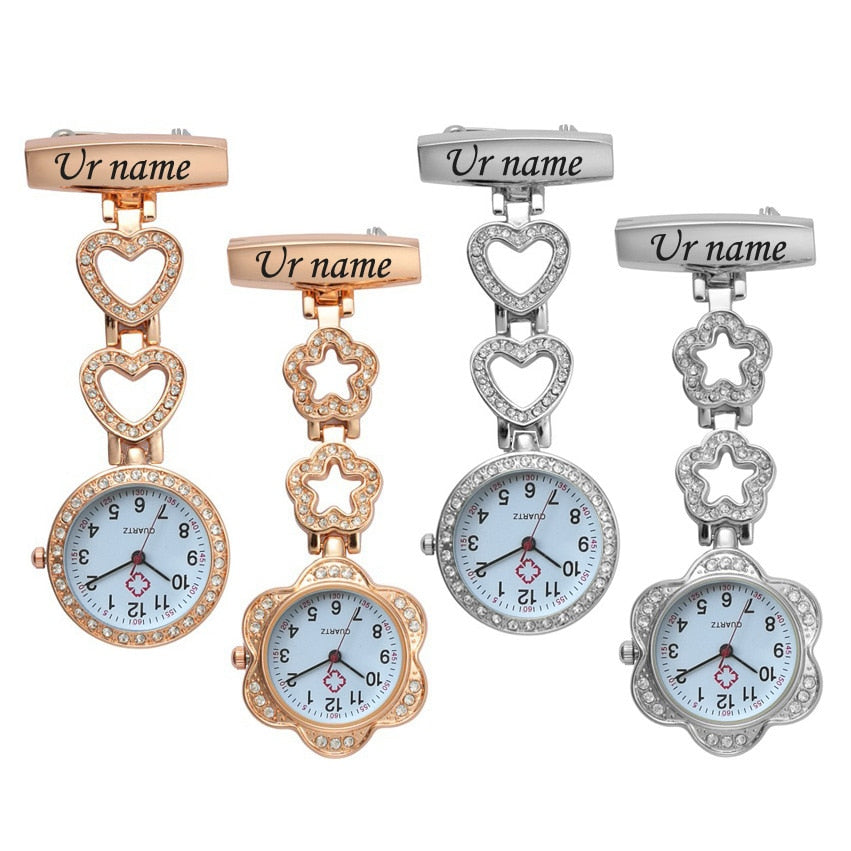 Nurses Watch Personalized Customized Engraved with Pin Brooch Zircon Crystal Strass Rose Gold Heart Fob Nurse Watch-All10dollars.com