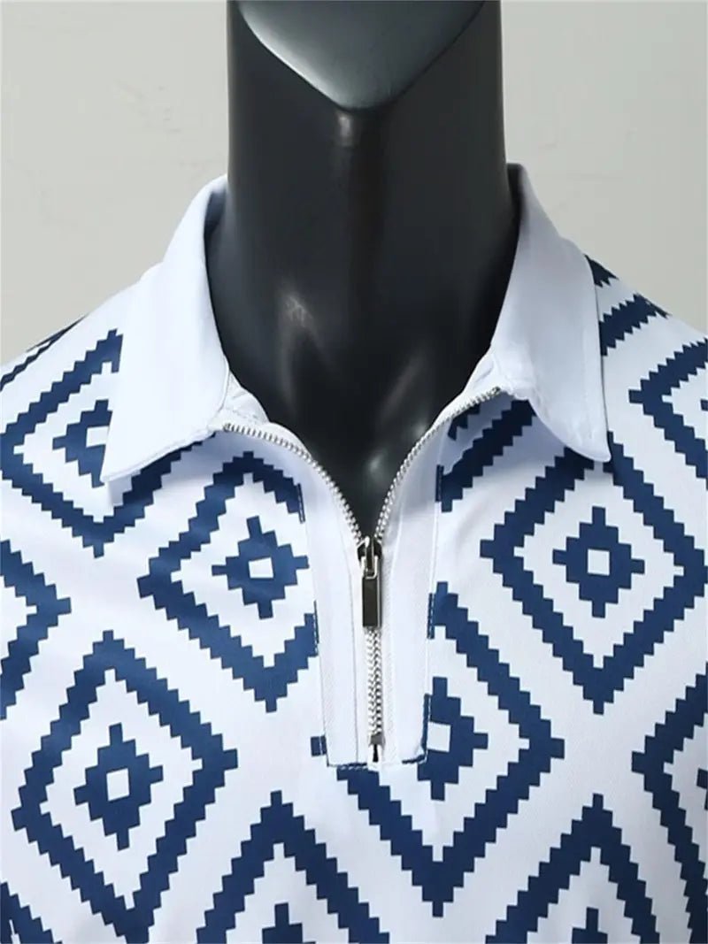 London Blue and White Print Short Sleeve Polo Shirt-Polo Shirt-All10dollars.com