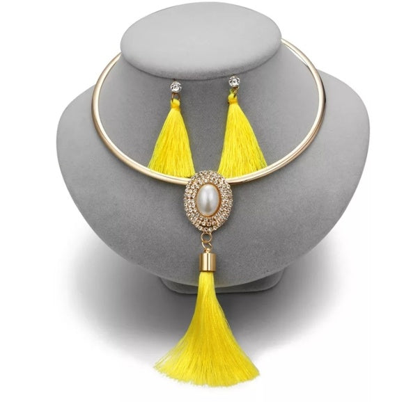 Fringed Choker Necklace and Earring Set-Jewelry Sets-yellow-All10dollars.com