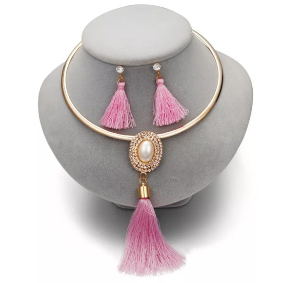 Fringed Choker Necklace and Earring Set-Jewelry Sets-pink-All10dollars.com
