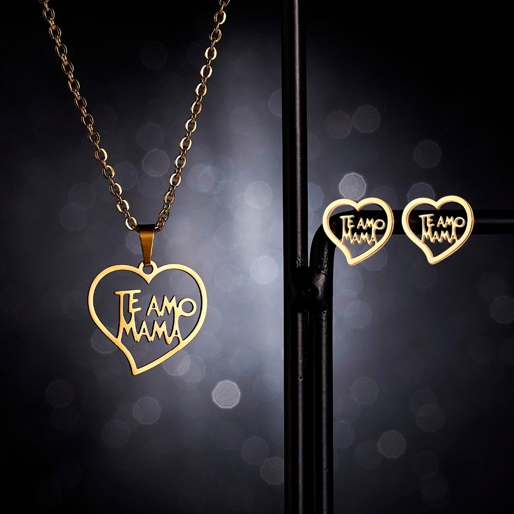 Stainless Steel Jewelry Set Gold Chain Love Heart Mama Mom Pendant Necklaces Earing Set Jewelry Mother's Day Gift-All10dollars.com