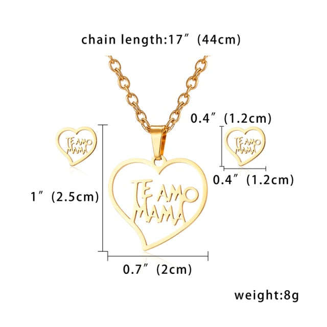 Stainless Steel Jewelry Set Gold Chain Love Heart Mama Mom Pendant Necklaces Earing Set Jewelry Mother's Day Gift-heart-45cm-All10dollars.com