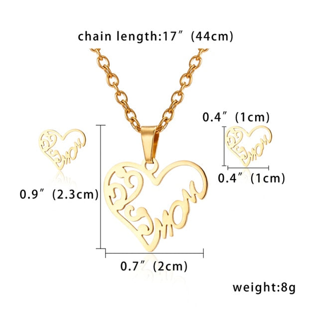 Stainless Steel Jewelry Set Gold Chain Love Heart Mama Mom Pendant Necklaces Earing Set Jewelry Mother's Day Gift-mom-45cm-All10dollars.com