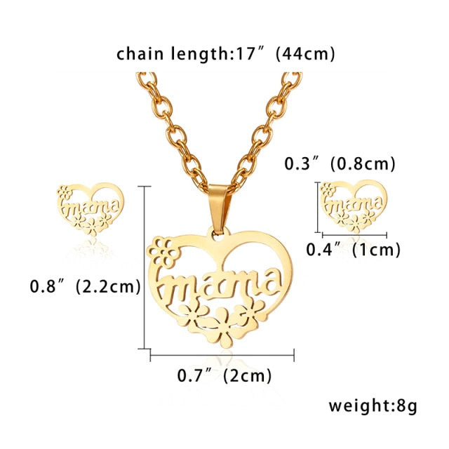 Stainless Steel Jewelry Set Gold Chain Love Heart Mama Mom Pendant Necklaces Earing Set Jewelry Mother's Day Gift-mama-45cm-All10dollars.com