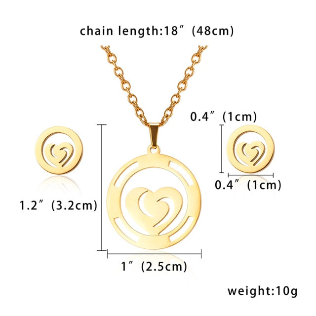 Stainless Steel Jewelry Set Gold Chain Love Heart Mama Mom Pendant Necklaces Earing Set Jewelry Mother's Day Gift-round heart-45cm-All10dollars.com