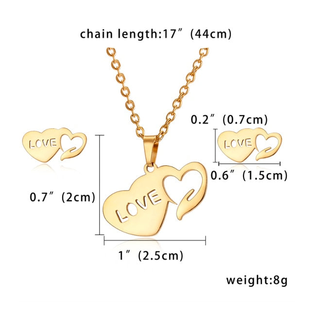 Stainless Steel Jewelry Set Gold Chain Love Heart Mama Mom Pendant Necklaces Earing Set Jewelry Mother's Day Gift-double heart-45cm-All10dollars.com