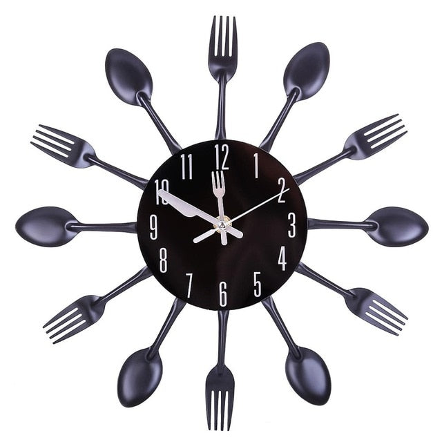 Stainless Steel Kitchen Utensils Cutlery Wall Clock-metallic black 31cm-All10dollars.com