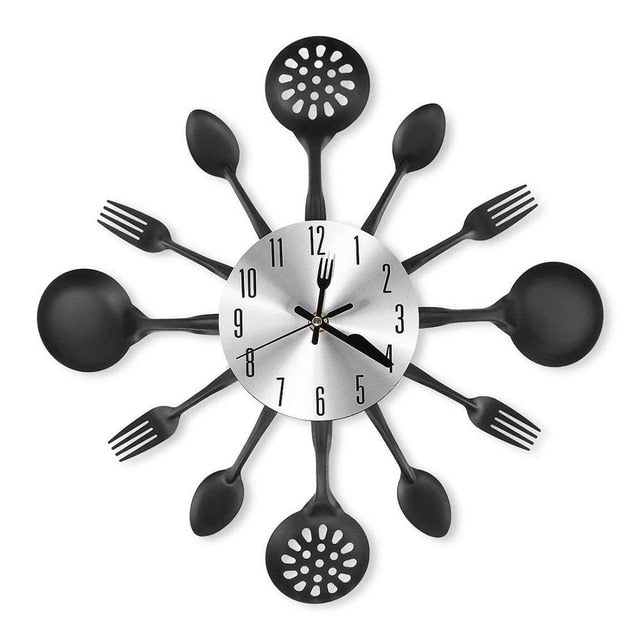 Stainless Steel Kitchen Utensils Cutlery Wall Clock-black 35cm-All10dollars.com