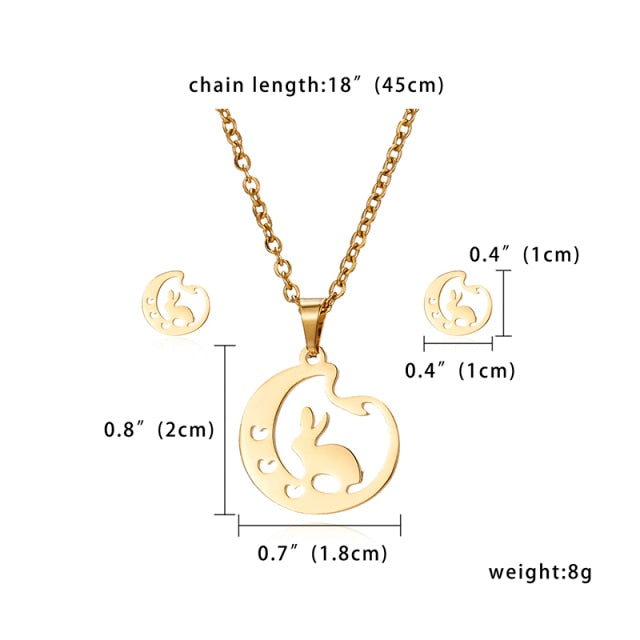 Gold Color Stainless Steel Sets Pineapple Heart Deer Necklace Earrings Jewelry Set Wedding Jewelry-gold necklace-rabbit-45cm-All10dollars.com