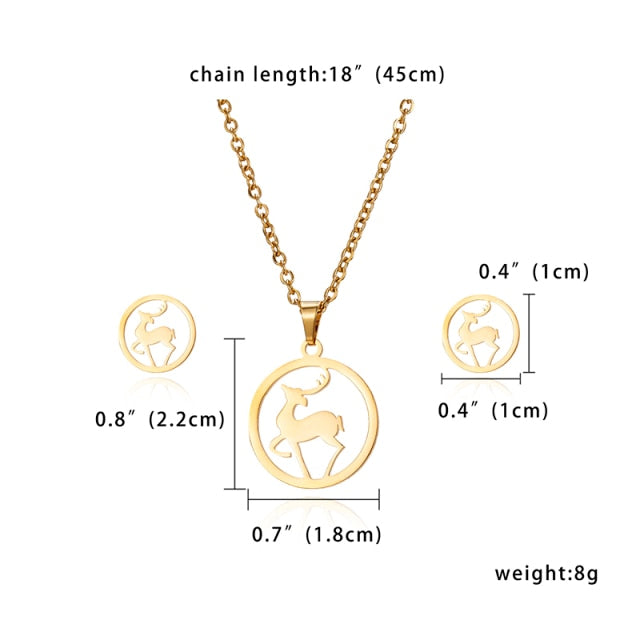 Gold Color Stainless Steel Sets Pineapple Heart Deer Necklace Earrings Jewelry Set Wedding Jewelry-gold necklace-deer-45cm-All10dollars.com