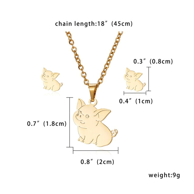 Gold Color Stainless Steel Sets Pineapple Heart Deer Necklace Earrings Jewelry Set Wedding Jewelry-gold necklace-pig-45cm-All10dollars.com