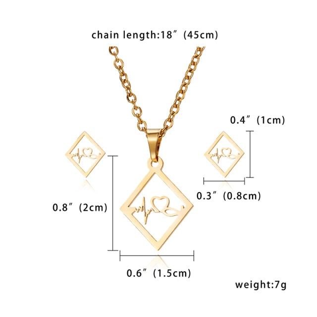 Gold Color Stainless Steel Sets Pineapple Heart Deer Necklace Earrings Jewelry Set Wedding Jewelry-gold necklace-square-45cm-All10dollars.com