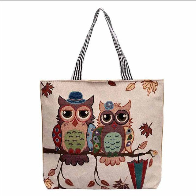 Shopping Handbag Women Girls Canvas Large Owl Print-canvas handbag-As shown-All10dollars.com