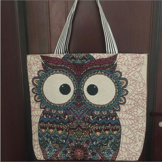 Shopping Handbag Women Girls Canvas Large Owl Print-canvas handbag-As shown 8-All10dollars.com
