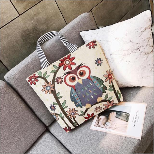 Shopping Handbag Women Girls Canvas Large Owl Print-canvas handbag-As shown 15-All10dollars.com