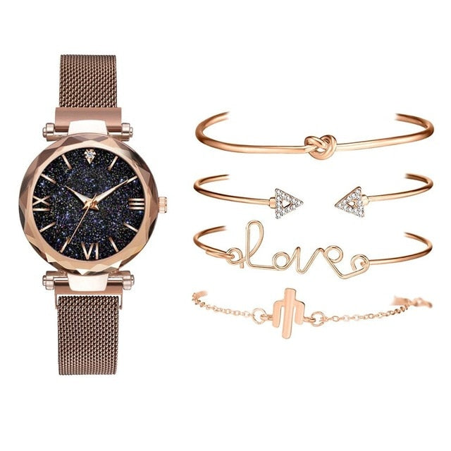 5pcs Set Luxury Women Watches Magnetic Starry Sky Wristwatch Fashion Ladies Wrist Watch-Watches-Brown 5pcs Set-All10dollars.com