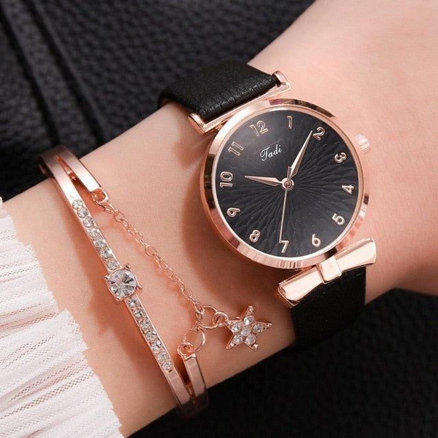 Luxury Women Bracelet Quartz Watches-Leather Black Set-All10dollars.com