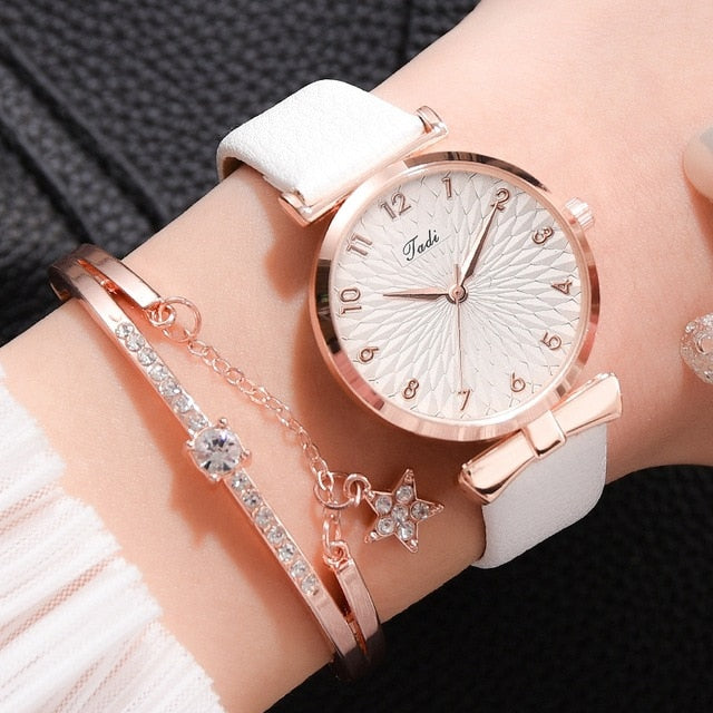 Luxury Women Bracelet Quartz Watches-Leather White Set-All10dollars.com