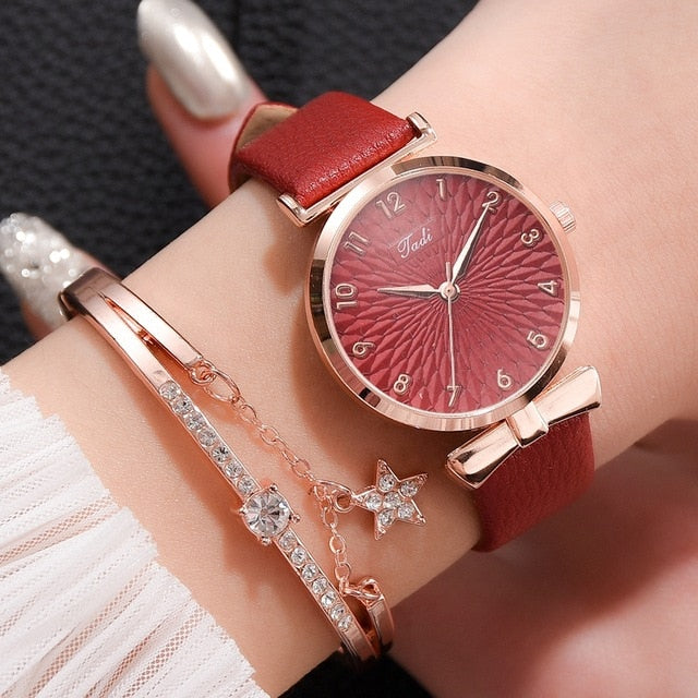 Luxury Women Bracelet Quartz Watches-Leather Red Set-All10dollars.com
