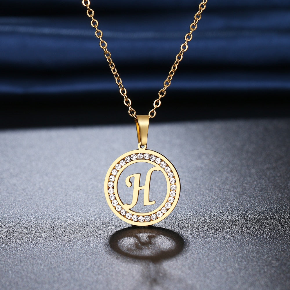 Stainless Steel 26 letters A-Z Necklace Crystal Rhinestone Necklaces For Women Wedding-26 lettters A-Z-All10dollars.com