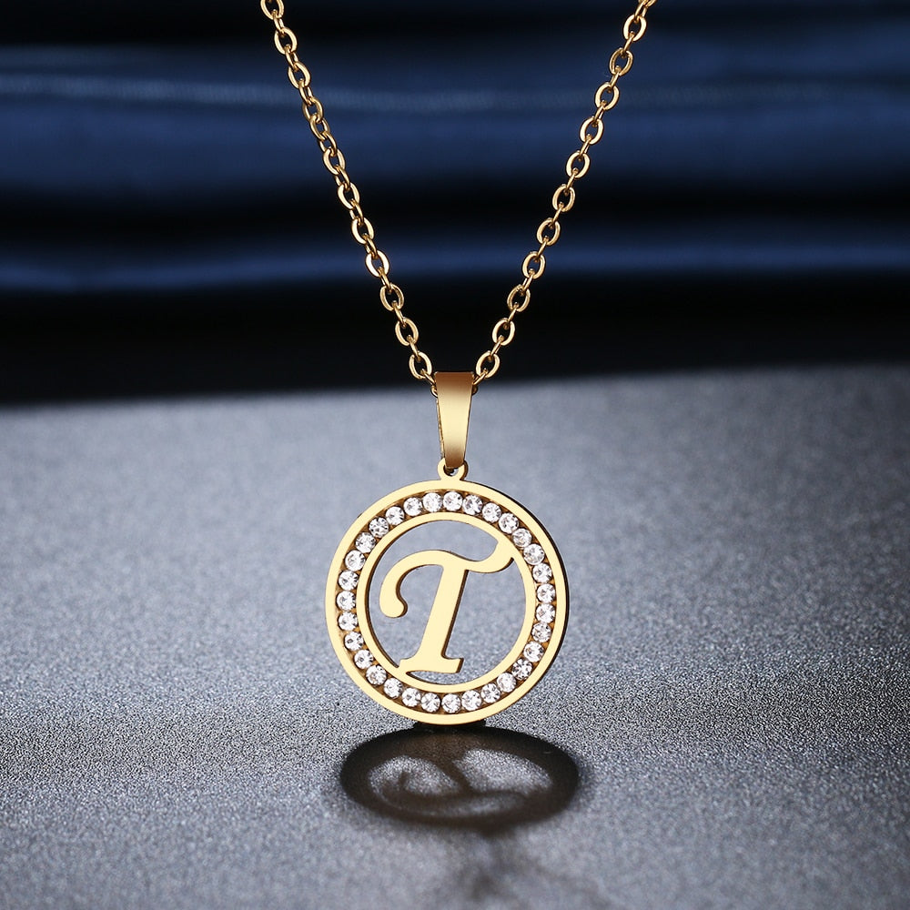Stainless Steel 26 letters A-Z Necklace Crystal Rhinestone Necklaces For Women Wedding-26 lettters A-Z-All10dollars.com