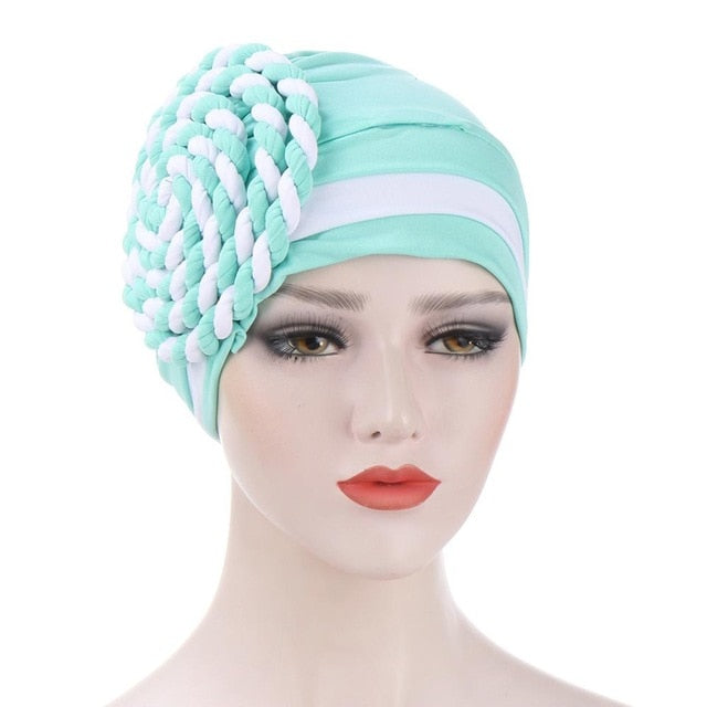 Winter Hat Beanie Braided turban bonnet head - Twisty-African Braids Turbans for woman-mint green and white-All10dollars.com