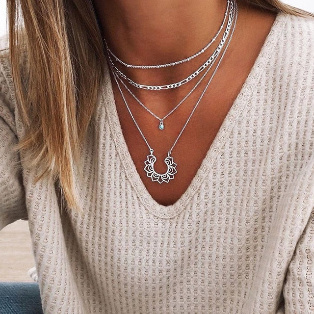 Star Jewelry Heart Love Multi layer Choker Necklace Chain Lotus Boho Pendants Necklaces-necklace-XL277-All10dollars.com