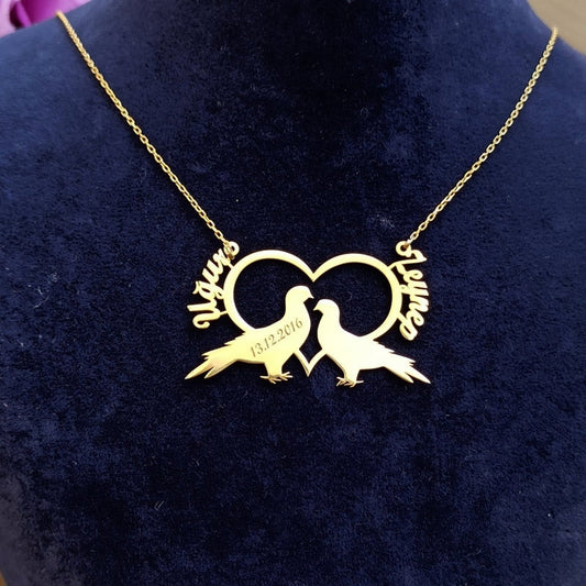 Romantic Love Birds Necklace Couple Names Engraved Birth or Wedding Heart Pendant-necklace-All10dollars.com