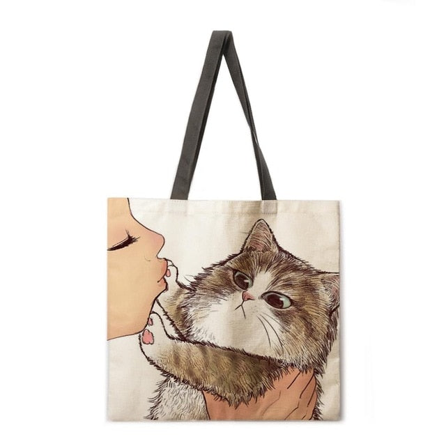 Kissing Cat Tote Fabric bag-Cat Handbags-2-M-All10dollars.com