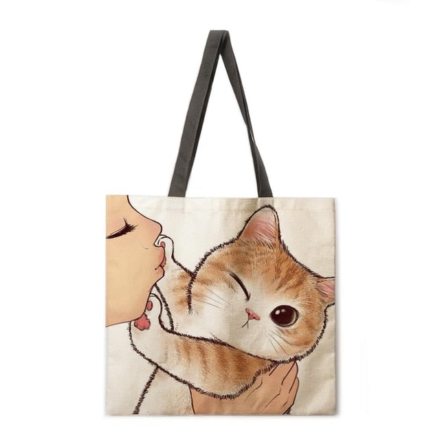 Kissing Cat Tote Fabric bag-Cat Handbags-3-M-All10dollars.com