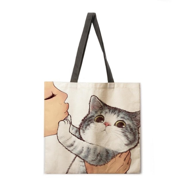 Kissing Cat Tote Fabric bag-Cat Handbags-6-M-All10dollars.com