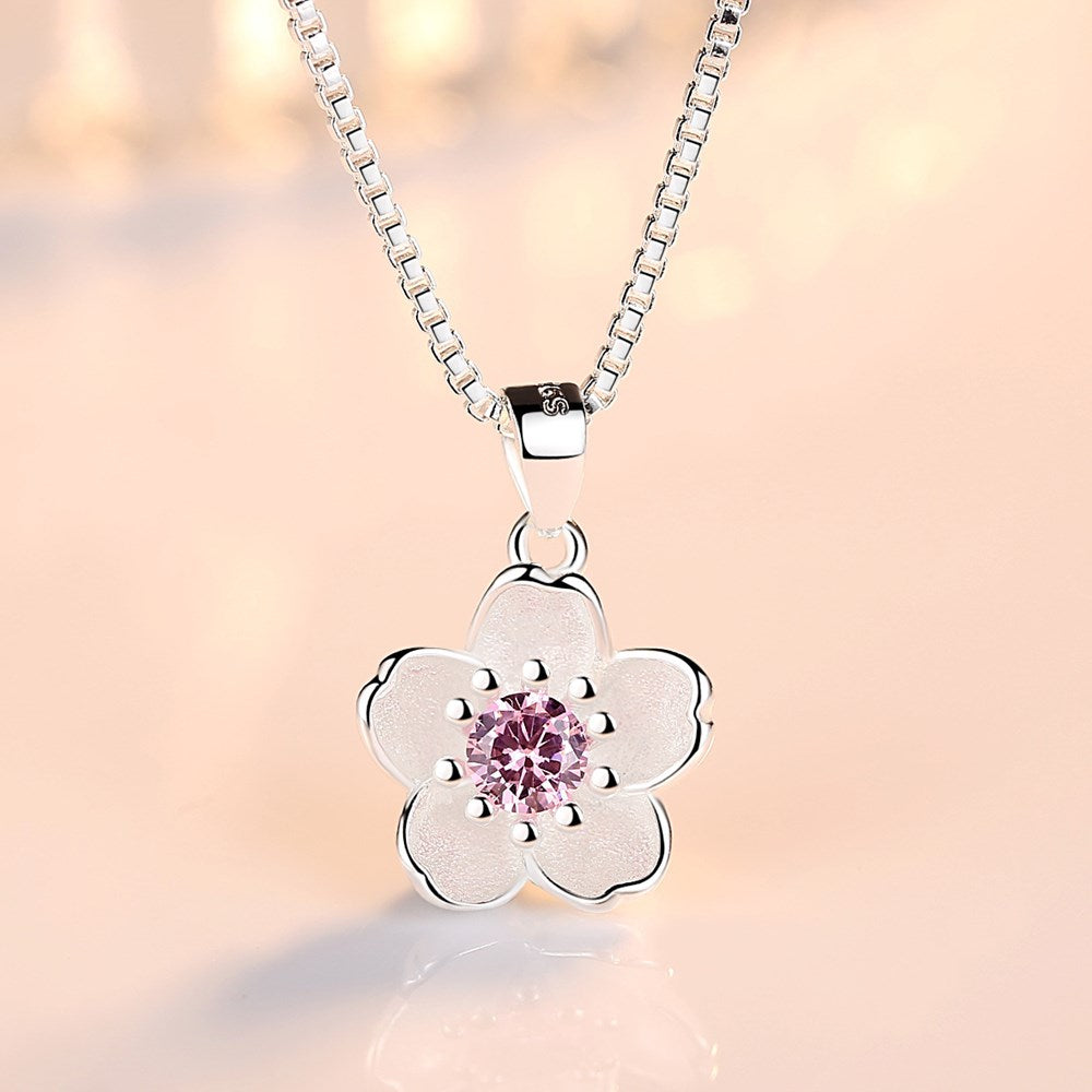925 Sterling Silver Jewelry Pink Crystal Zircon Flower Pendant Necklace-925 sterling silver necklace-All10dollars.com