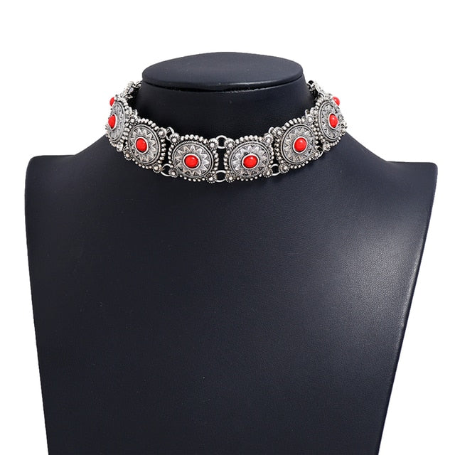 Boho Choker Necklace Women Statement Jewelry-Necklaces Vintage-Silver red-All10dollars.com