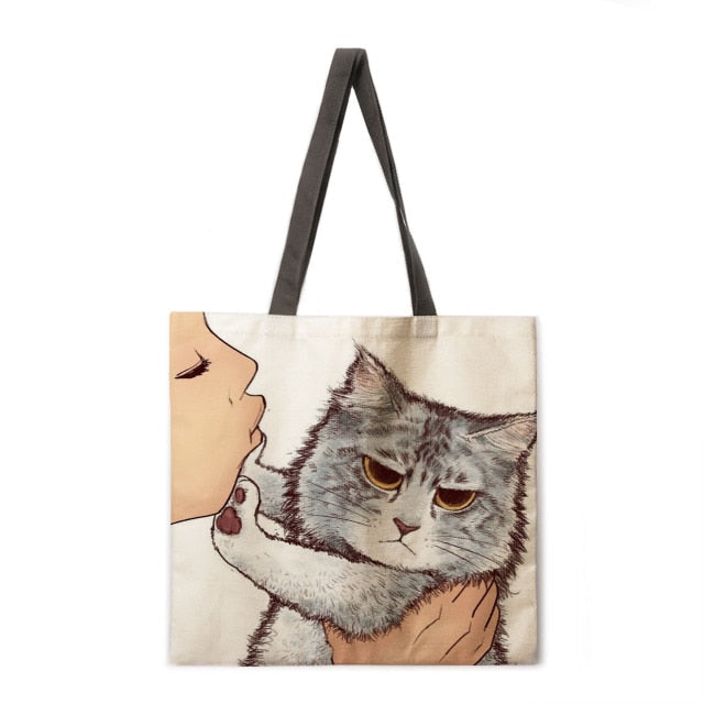 Kissing Cat Tote Fabric bag-Cat Handbags-9-L-All10dollars.com