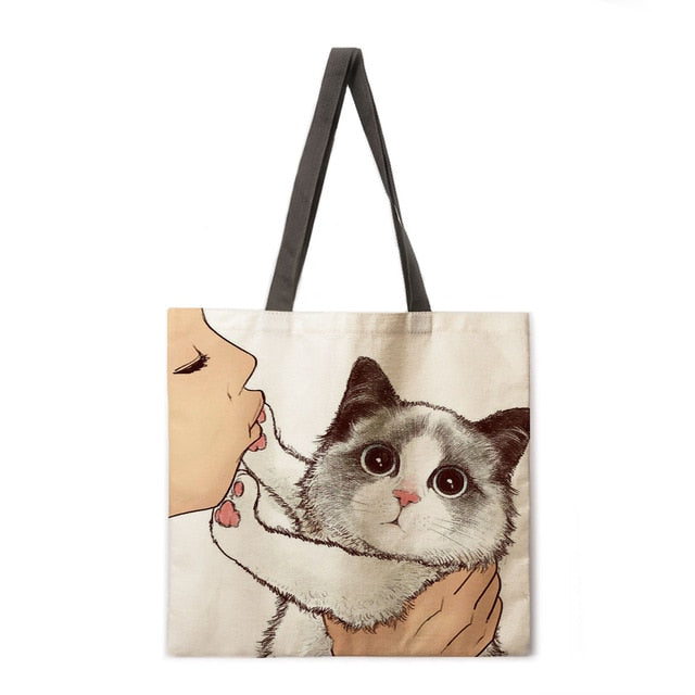 Kissing Cat Tote Fabric bag-Cat Handbags-11-L-All10dollars.com