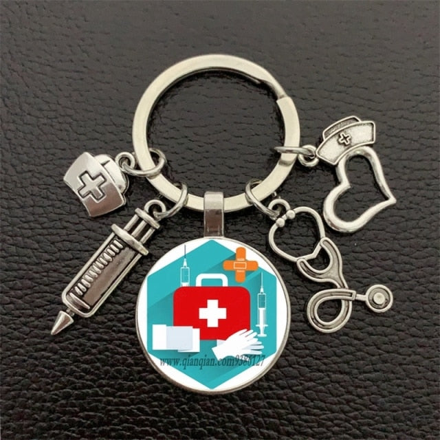 nurse medical syringe stethoscope keychain glass-Silver 35-All10dollars.com