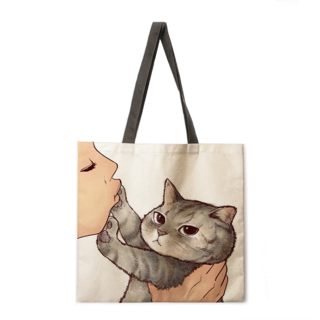 Kissing Cat Tote Fabric bag-Cat Handbags-12 2-L-All10dollars.com