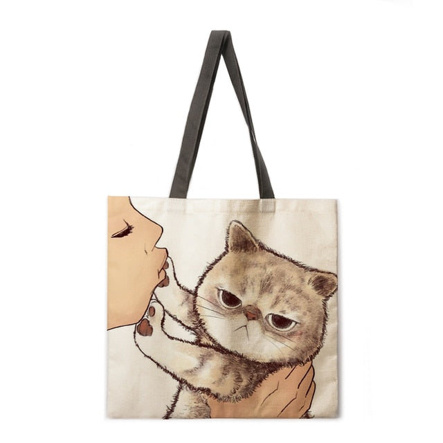 Kissing Cat Tote Fabric bag-Cat Handbags-13-L-All10dollars.com