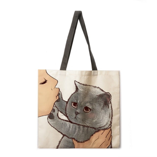 Kissing Cat Tote Fabric bag-Cat Handbags-14-L-All10dollars.com