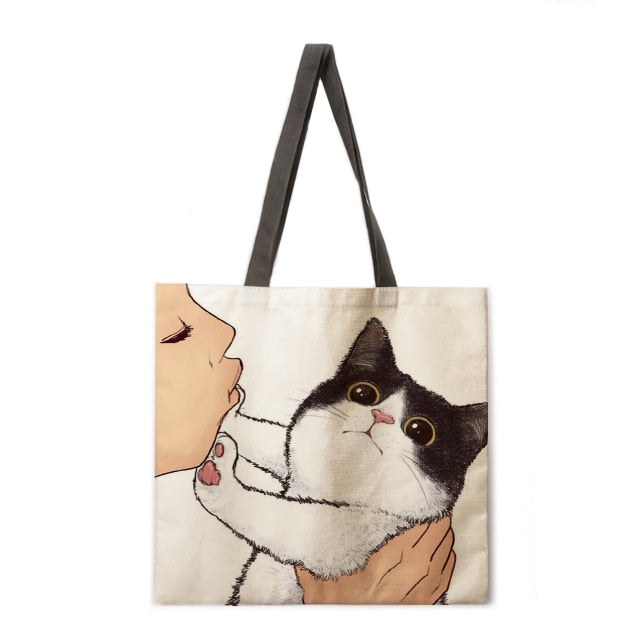 Kissing Cat Tote Fabric bag-Cat Handbags-15-L-All10dollars.com