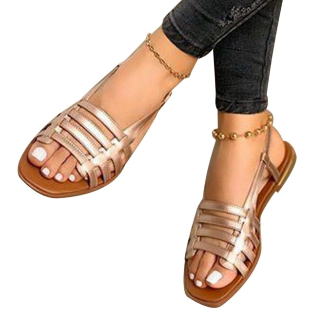 Women Sandals Gladiator Open Toe Beach Flats Ladies Footwear-women flats shoes-gold-42-All10dollars.com