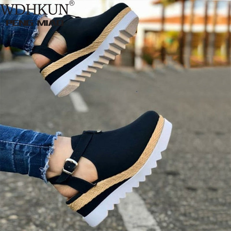 Women's Sandals Vintage Wedge Buckle Strap Flats Platform Closed Toes Shoes-closed toe shoes-All10dollars.com