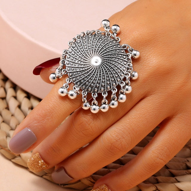 Vintage Antique Big Silver Women-Midi-Rings Engraved Flower Pattern Retro Finger Ring Stylish Indian Jewelry-Resizable-S-All10dollars.com