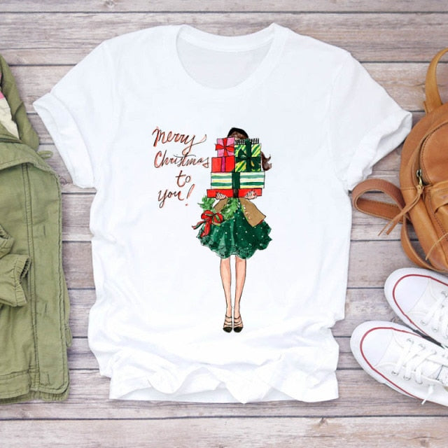 Women Holiday Christmas Print Lady T-shirts Tops-christmas tops-CZ23517-S-All10dollars.com