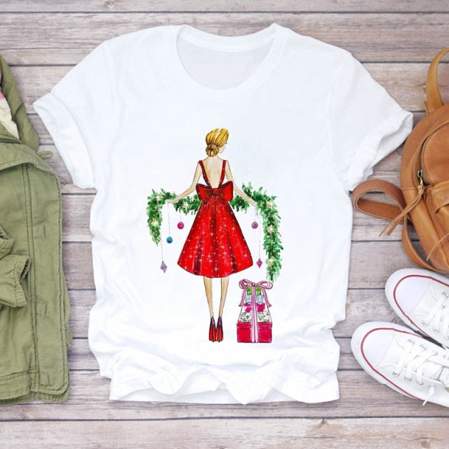 Women Holiday Christmas Print Lady T-shirts Tops-christmas tops-CZ23526-XL-All10dollars.com