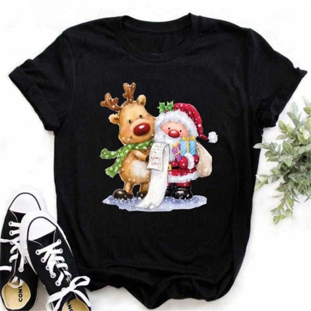 Christmas Cartoon Printed Tops Women and Women T Shirt-christmas tees-All10dollars.com