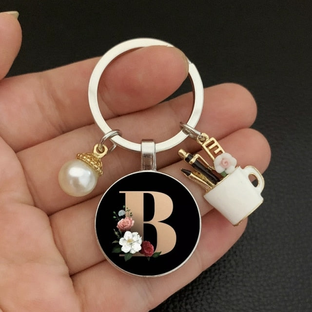black A-Z letter pattern glass cabochon pearl keychain-26 lettters A-Z-B-Pink-All10dollars.com