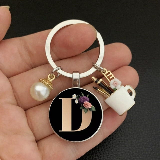 black A-Z letter pattern glass cabochon pearl keychain-26 lettters A-Z-D-white-All10dollars.com