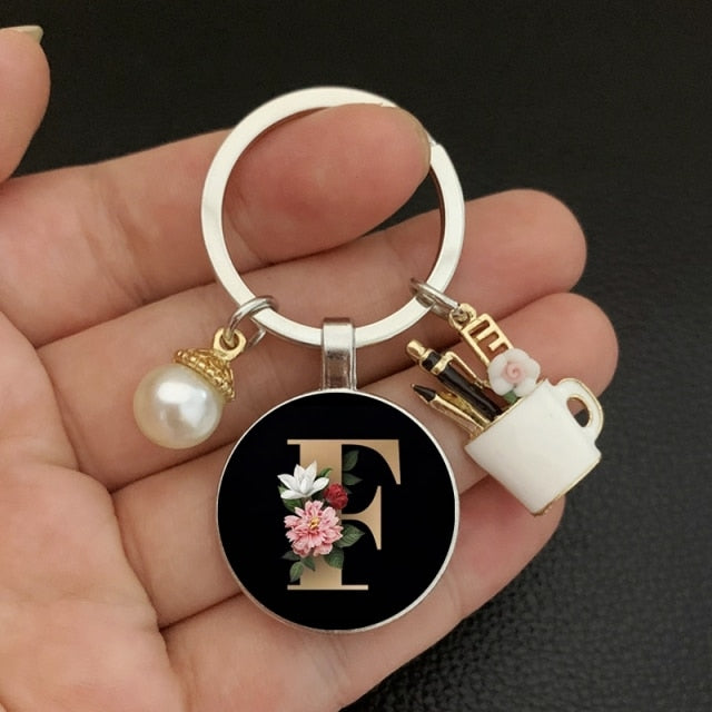 black A-Z letter pattern glass cabochon pearl keychain-26 lettters A-Z-F-Pink-All10dollars.com